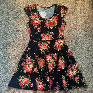 Black floral print babydoll mini dress